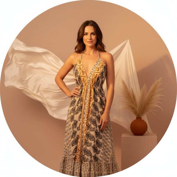 Circular portrait of a woman, Siobhan O'Neill, wearing the Aureyra Maxi Dress with a deep V-neckline against a soft peach bac