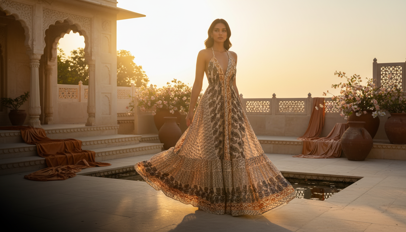 Diverse model wearing a flowing deep V-neckline Aureyra Maxi Dress at sunset in an elegant outdoor setting.