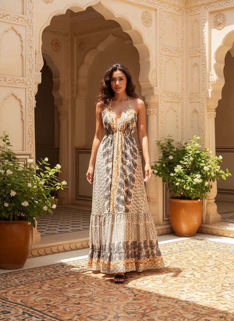 Woman in a flowing, deep V-neck Aureyra Maxi Dress, walking through an archway with subtle Indian-inspired patterns and warm 