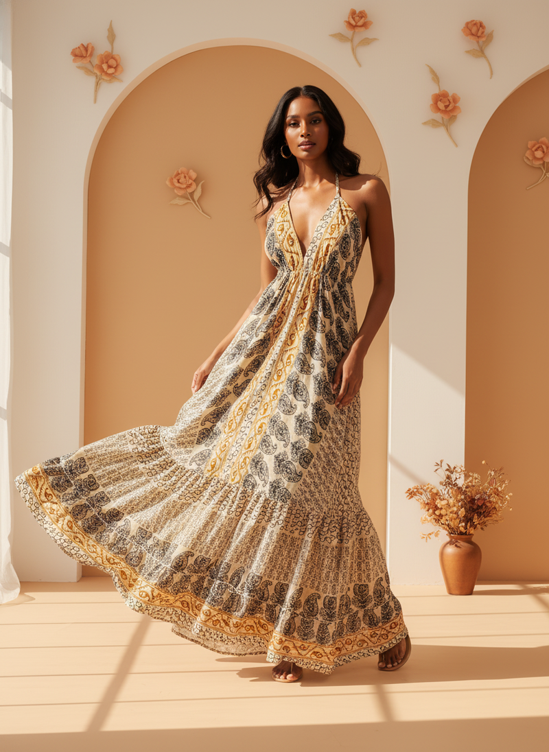 Diverse model in a flowing, deep V-neck Aureyra Maxi Dress, posing gracefully in a sunlit studio with subtle arches and flora