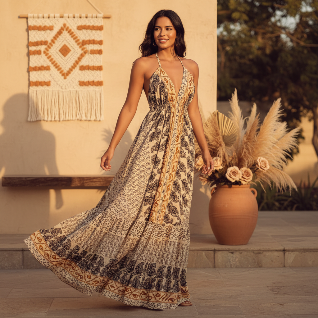 A diverse woman models the flowing Aureyra Maxi Dress with a deep V-neckline in a warm, candid, Indian-inspired outdoor setti
