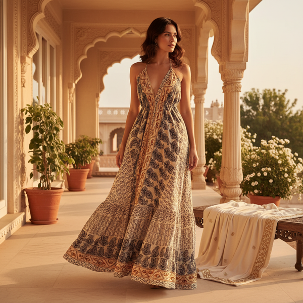 A woman wears the flowing Aureyra Maxi Dress with a deep V-neckline in a sun-drenched, Indian-inspired courtyard at sunset.