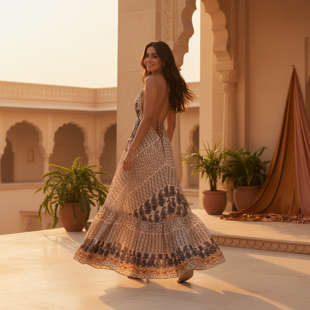 A diverse woman in an Aureyra Maxi Dress with a deep V-neckline, walking gracefully at sunset in an Indian-inspired courtyard