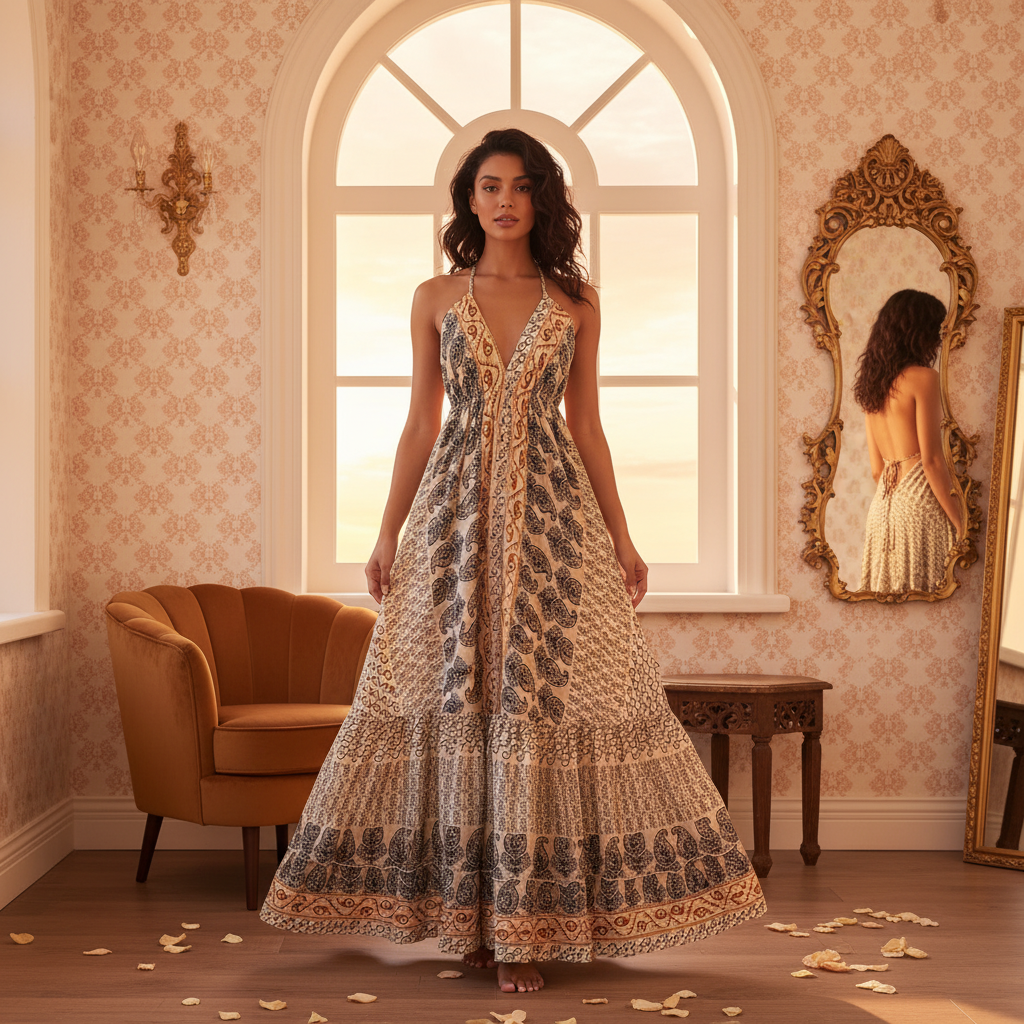 A woman models the Aureyra Maxi Dress, a graceful floor-length A-line dress with a deep V-neckline, in an elegant, warm setti