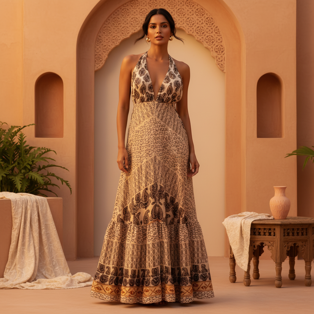 A diverse woman models the Aureyra Maxi Dress, a deep V-neck, floor-length A-line dress, in a warm, sunset-lit setting.