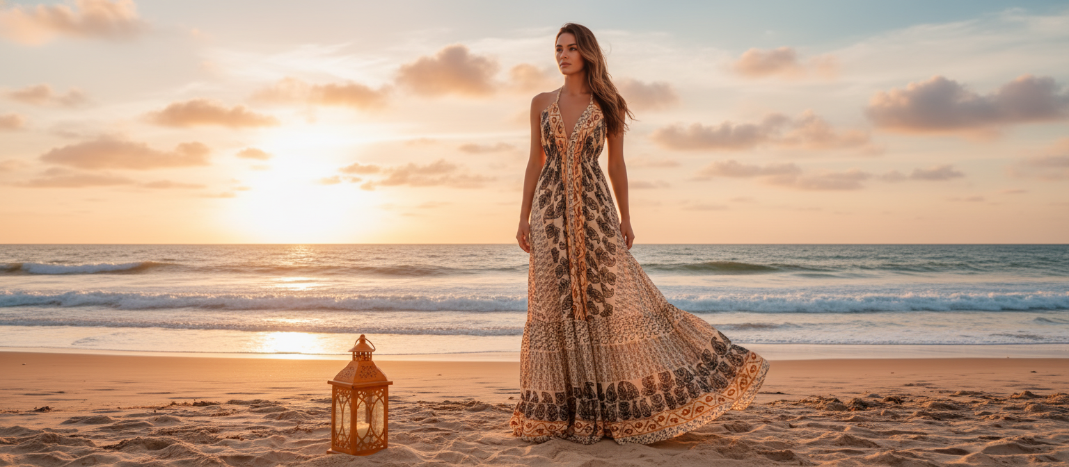 Woman in a flowing, deep V-neck Aureyra Maxi Dress stands on a sandy beach at sunset, with a serene coastal landscape.
