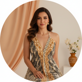 Circular portrait of Zainab Al-Farsi, a woman with a confident expression, wearing the Aureyra Maxi Dress, against a clean, w