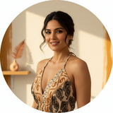 Priya Malik, a well-traveled woman, smiles confidently in a close-up circular portrait. She wears the elegant Aureyra Maxi Dr