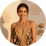 Circular portrait of Sofia Rossi, a woman with a warm smile, wearing a V-neck maxi dress against a soft cream background with